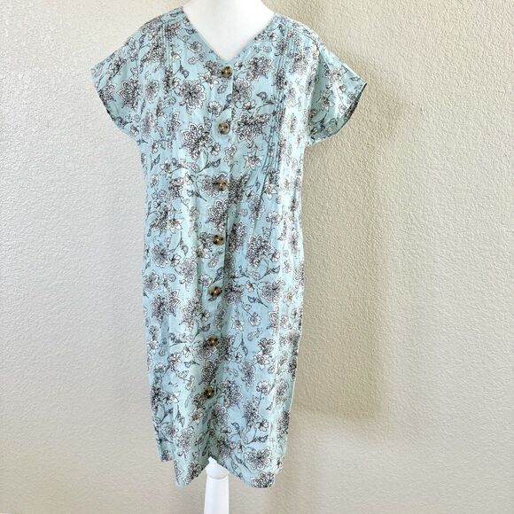 J. Jill Love Linen Size X-Small Blue White Floral V-Neck Short Sleeve Dress - Picture 1 of 12